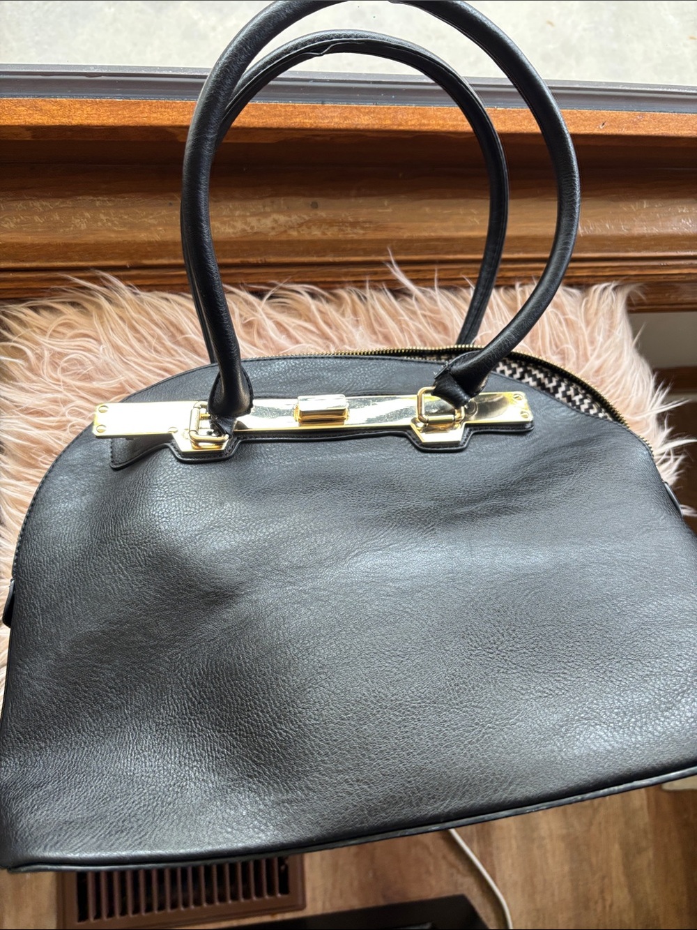 Black Leather Dome Satchel with Gold Hardware